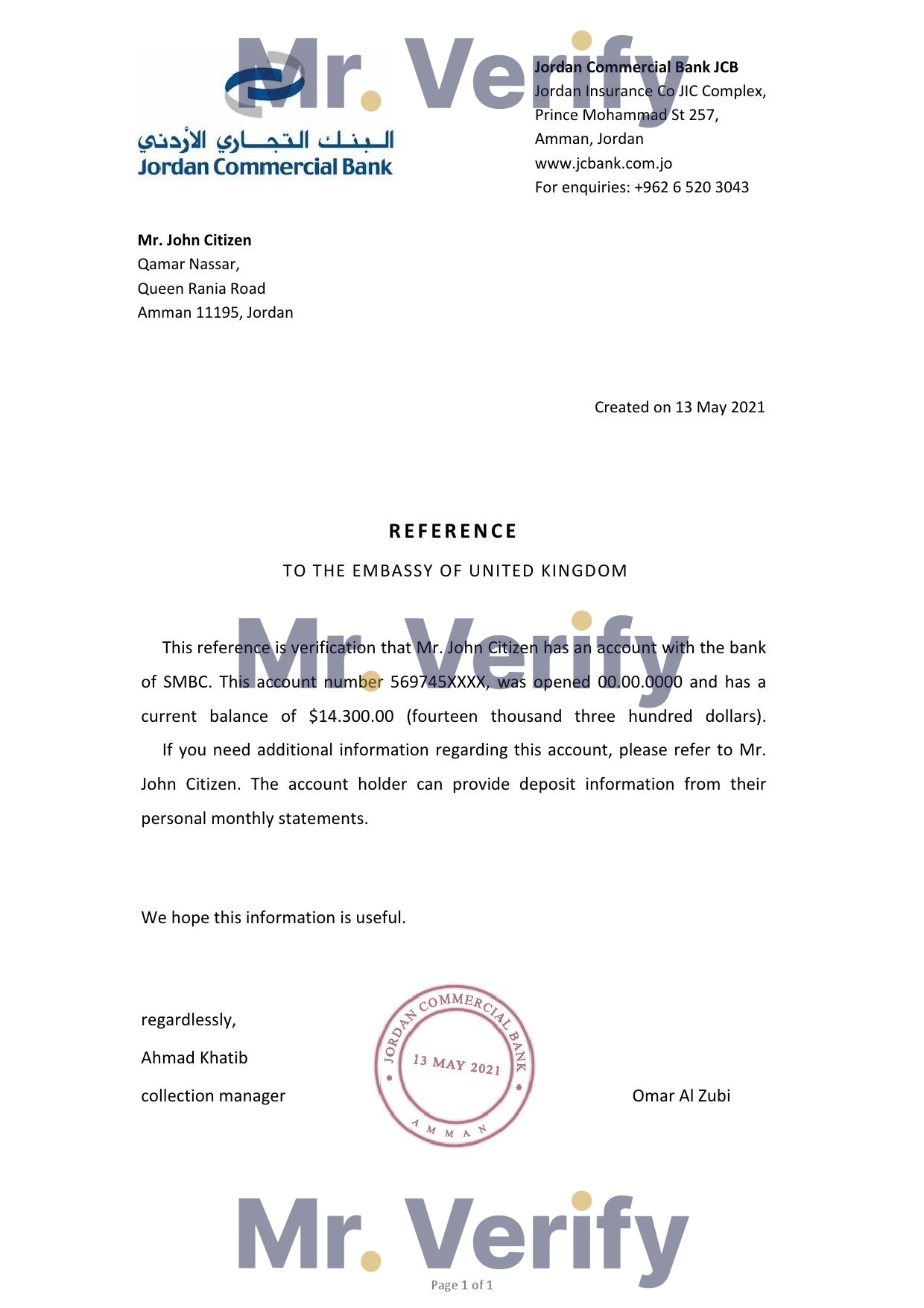 Download Jordan Commercial Bank Reference Letter Templates | Editable Word