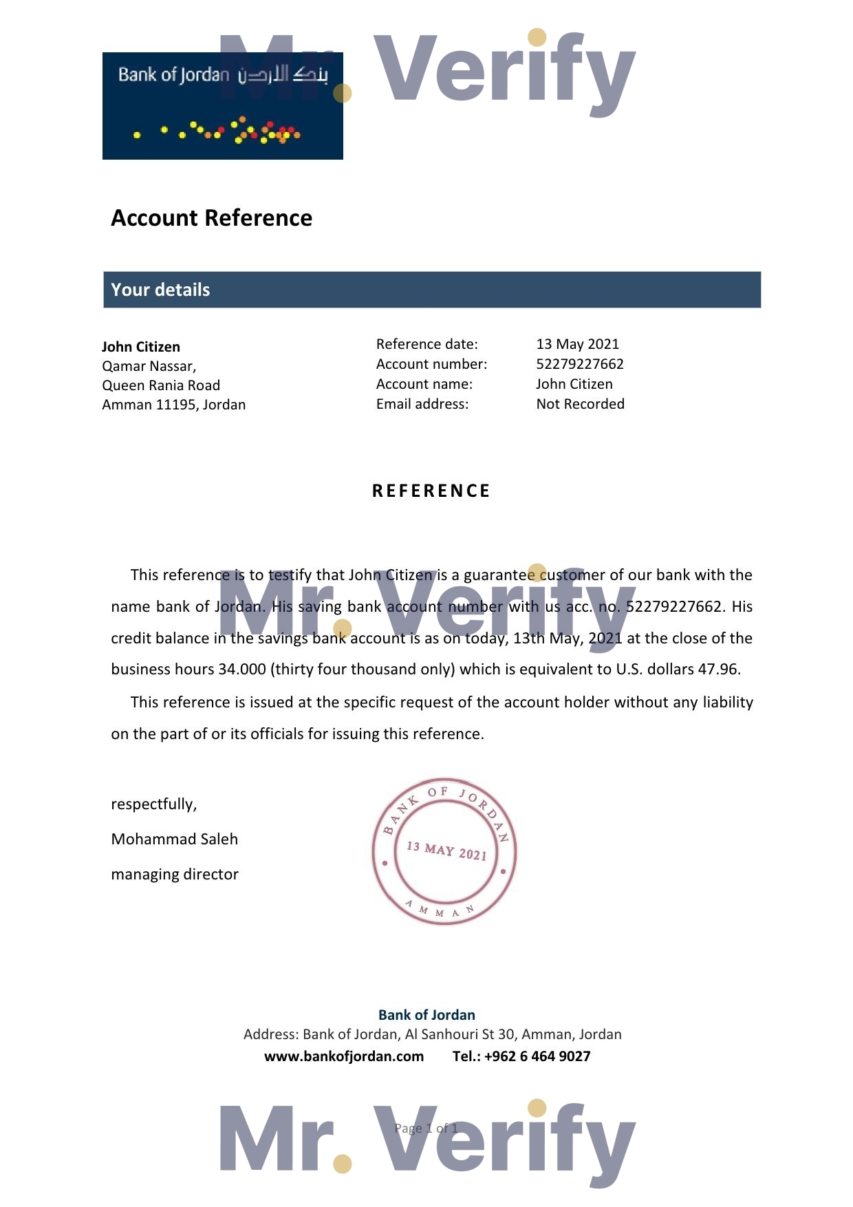 Download Jordan Bank of Jordan Bank Reference Letter Templates | Editable Word