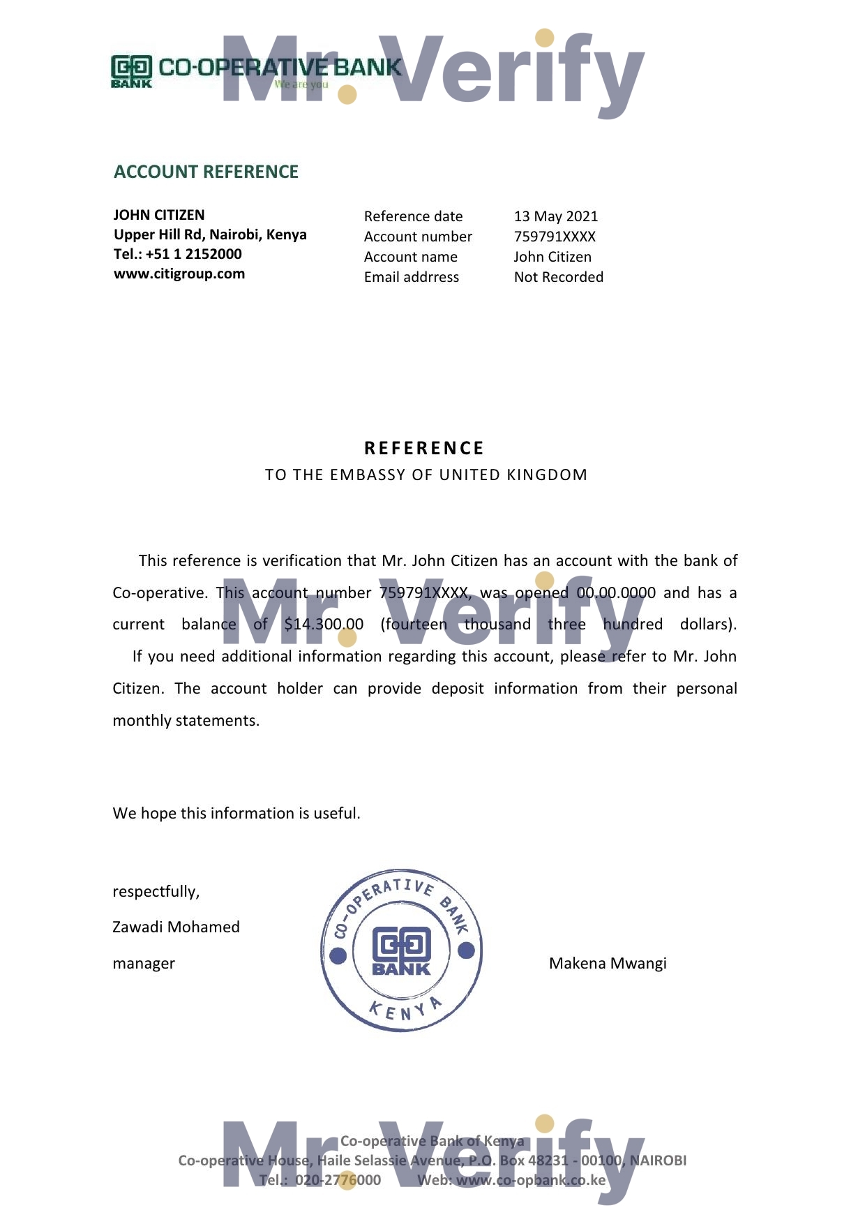 Download Kenya Co-operative Bank Reference Letter Templates | Editable Word