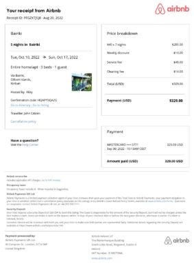 Customizable Kiribati Airbnb Reservation Template | Word & PDF Formats