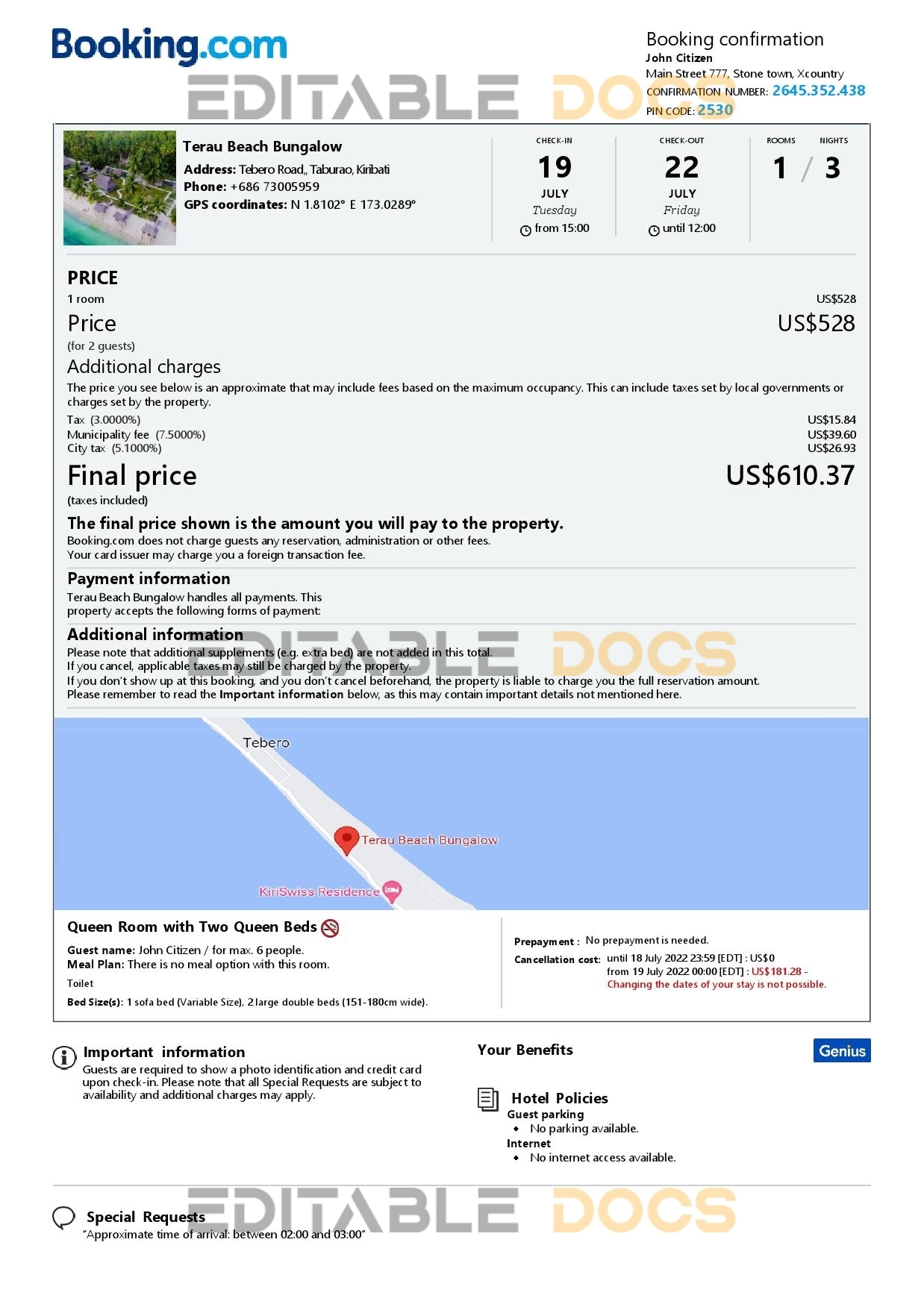 Customizable Kiribati Airbnb Reservation Template | Word & PDF Formats