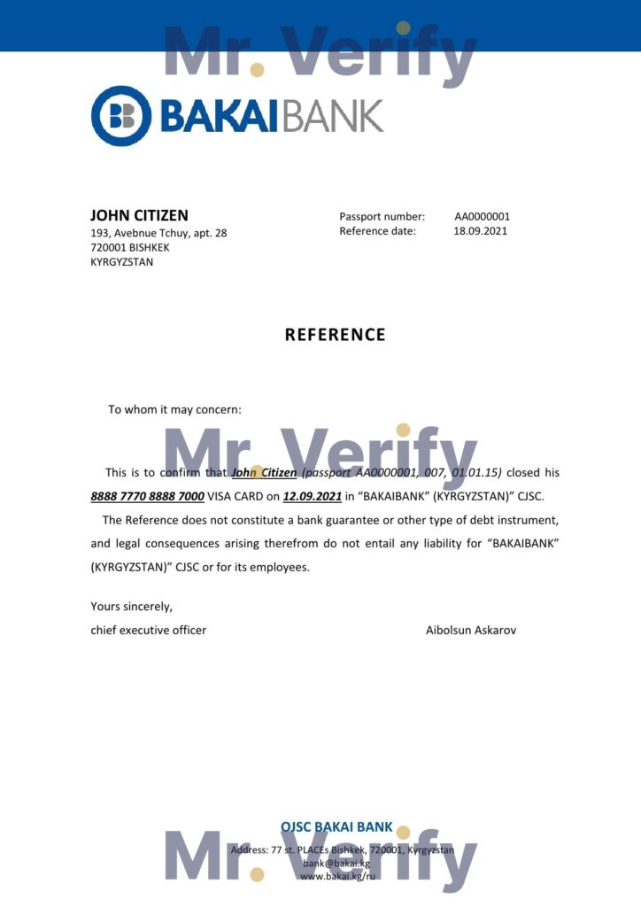 Download Kyrgyzstan OJSC Bakai Bank Reference Letter Templates | Editable Word