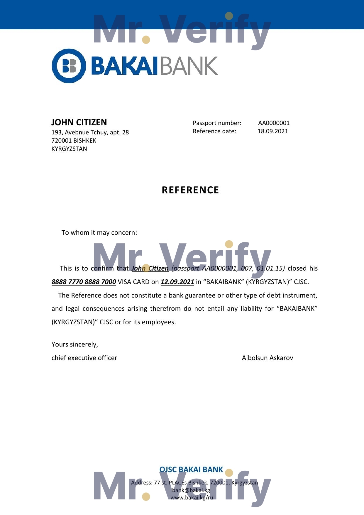 Download Kyrgyzstan OJSC Bakai Bank Reference Letter Templates | Editable Word