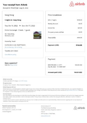 Customizable Laos Airbnb Reservation Template | Word & PDF Formats