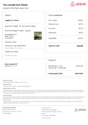 Customizable Liechtenstein Airbnb Reservation Template | Word & PDF Formats