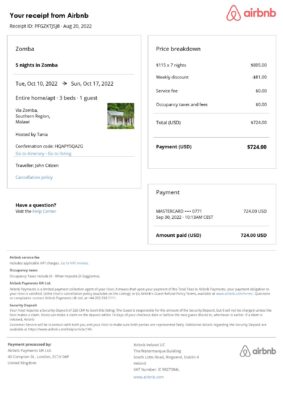 Editable Malawi Hotel Booking Form Template | Fillable PDF