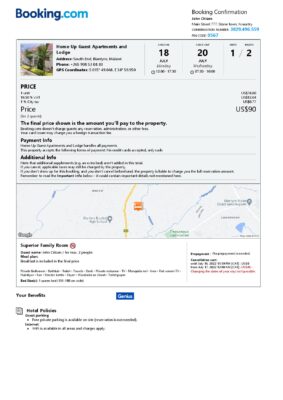 Editable Malawi Hotel Booking Form Template | Fillable PDF