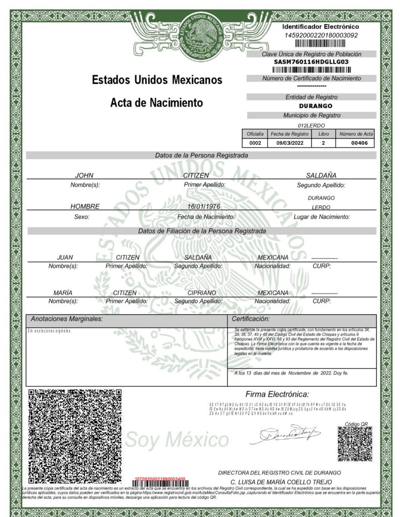 Mexico birth certificate Word and PDF template, version 2