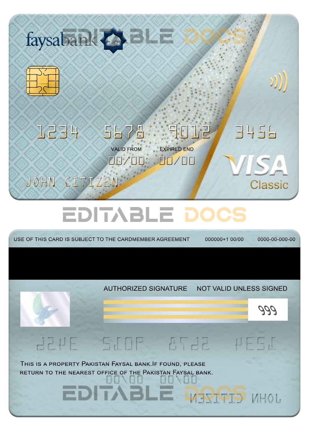 Editable Pakistan Faysal bank visa classic card Templates in PSD Format