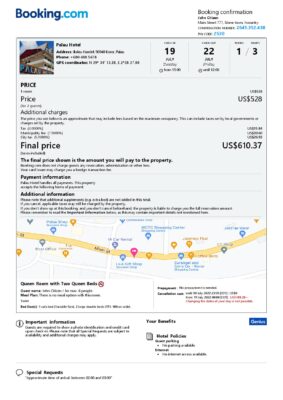 Editable Palau Hotel Booking Form Template | Fillable PDF