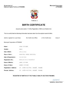 Panama birth certificate Word and PDF template, completely editable