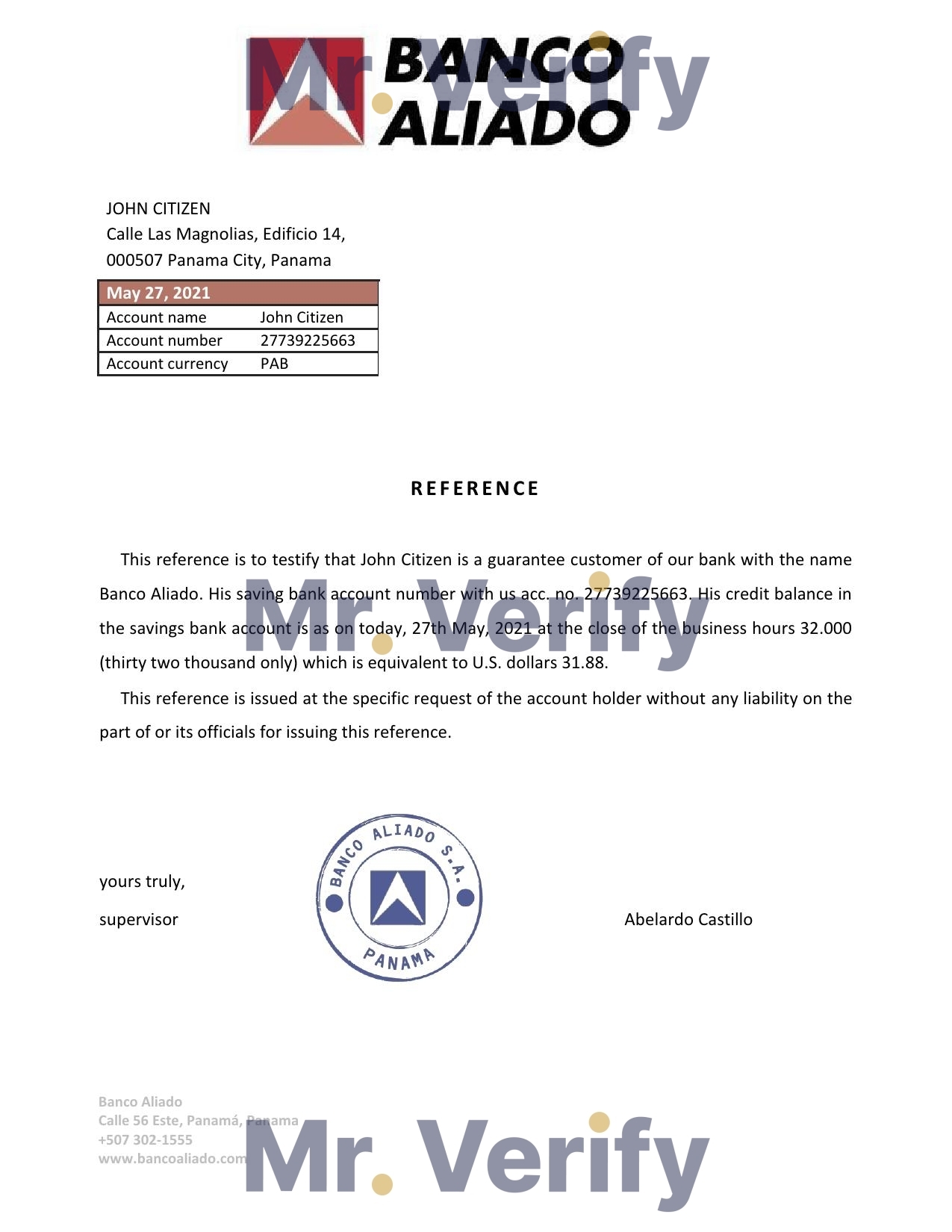 Download Panama Banco Aliado Bank Reference Letter Templates | Editable Word