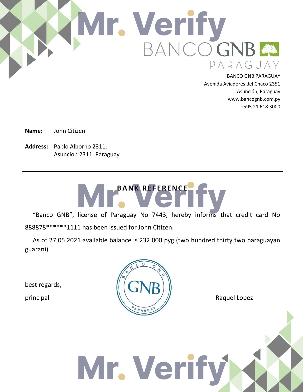 Download Paraguay Banco GNB Bank Reference Letter Templates | Editable Word