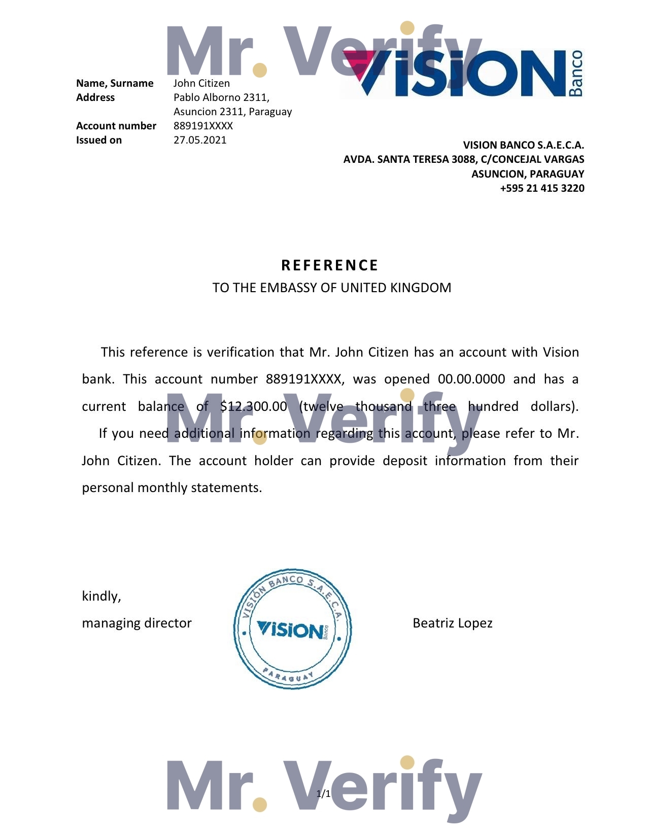 Download Paraguay Vision Banco Bank Reference Letter Templates | Editable Word