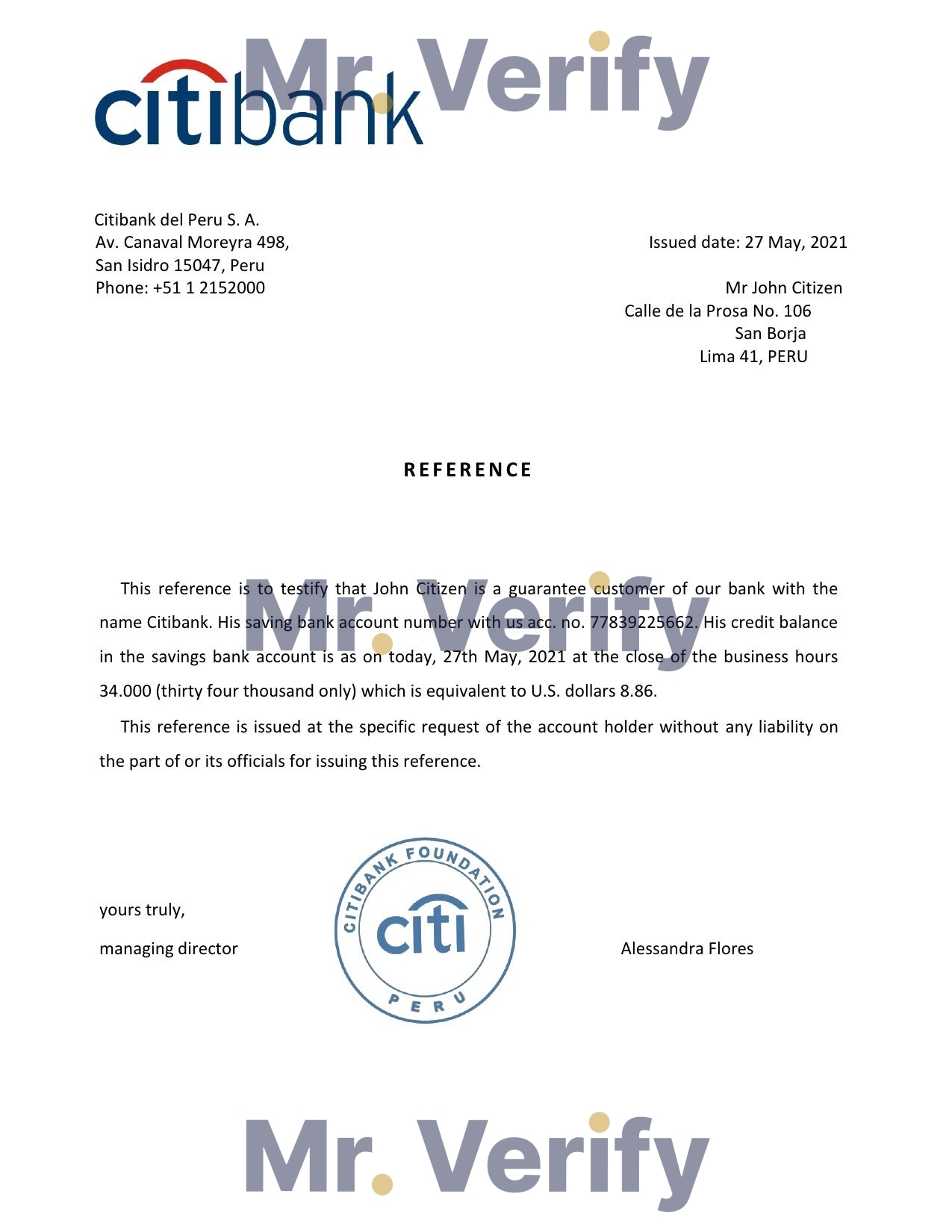 Download Peru Citibank Bank Reference Letter Templates | Editable Word