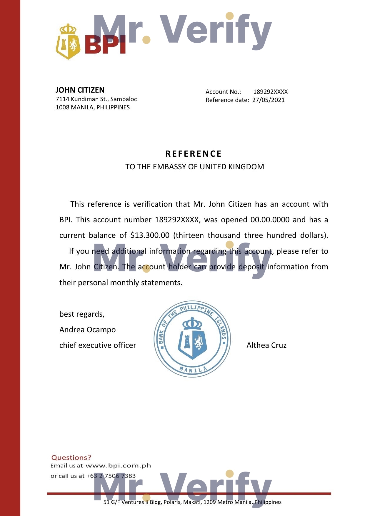 Download Philippines BPI Bank Reference Letter Templates | Editable Word