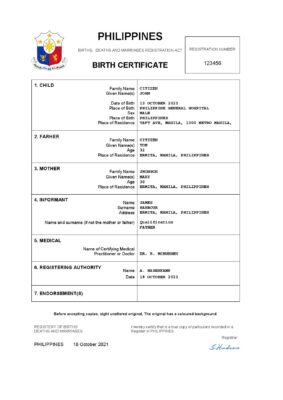 Philippines vital record birth certificate Word and PDF template, completely editable