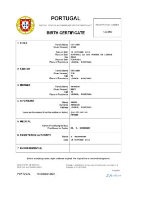 Portugal birth certificate Word and PDF template, completely editable