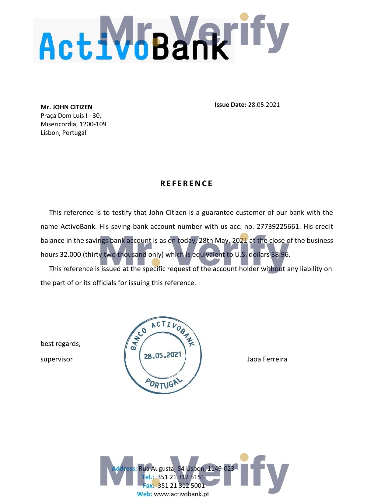 Download Portugal Activobank Bank Reference Letter Templates | Editable Word