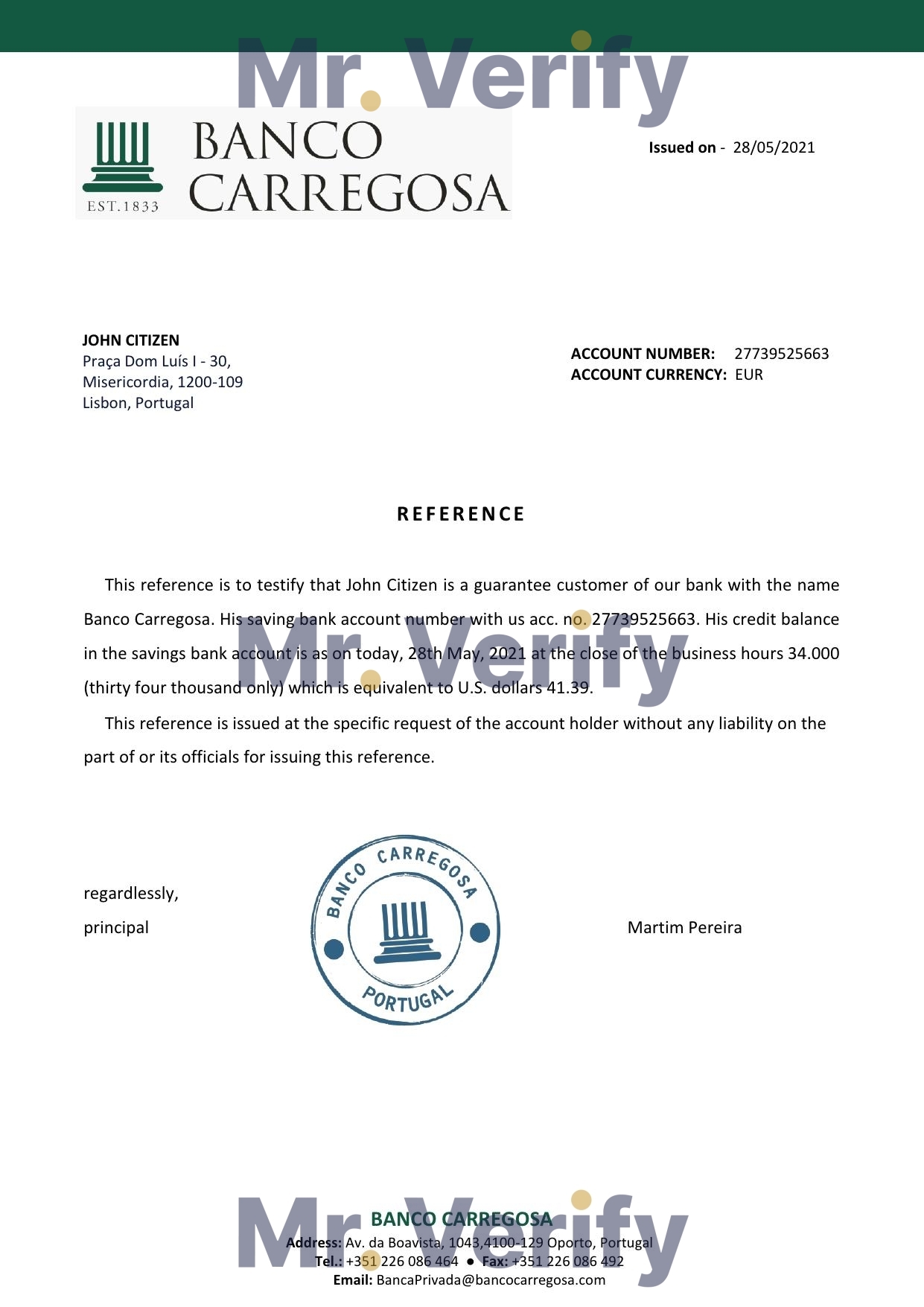Download Portugal Banco Carregosa Bank Reference Letter Templates | Editable Word