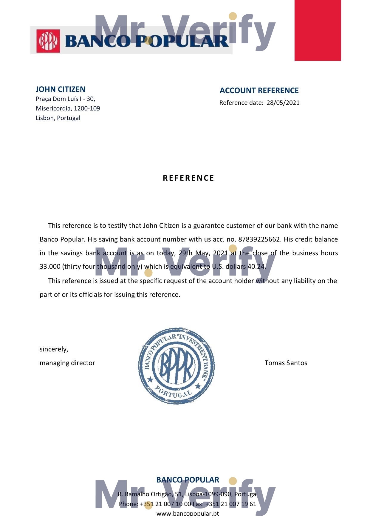 Download Portugal Banco Popular Bank Reference Letter Templates | Editable Word