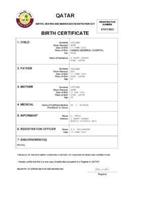 Qatar vital record birth certificate Word and PDF template, completely editable