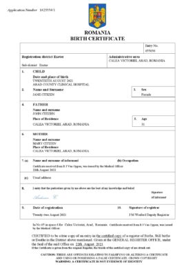 Romania birth certificate Word and PDF template, completely editable
