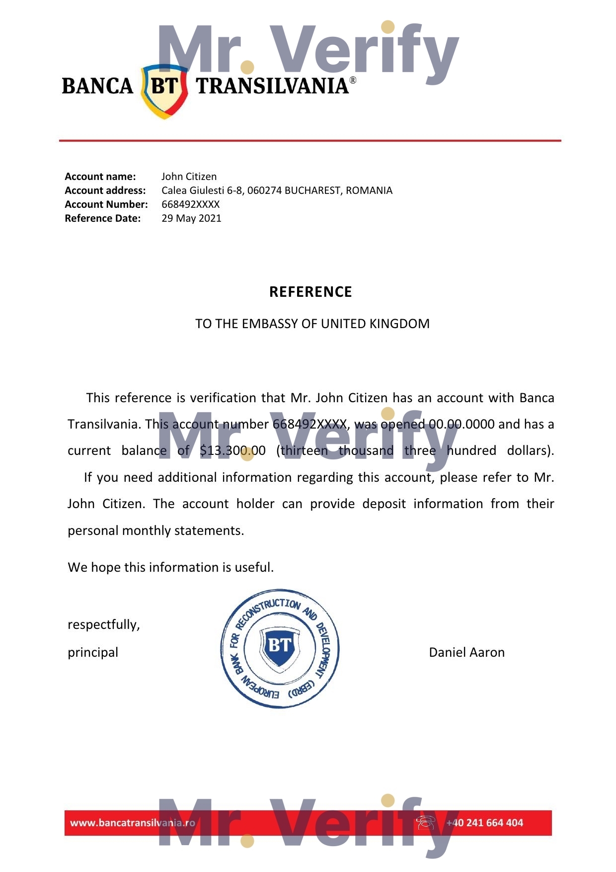 Download Romania Banca Transilvania Bank Reference Letter Templates | Editable Word
