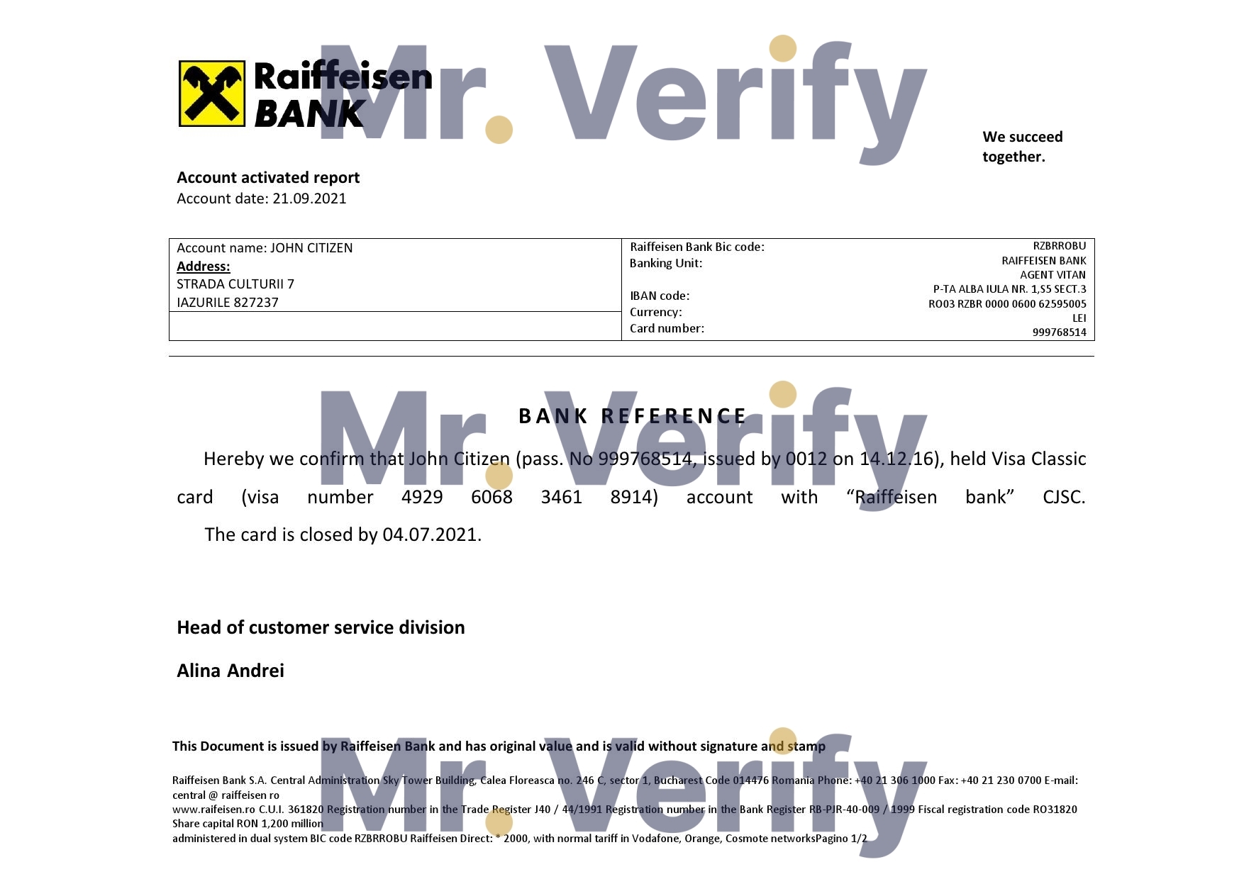 Download Romania Raiffeisen Bank Reference Letter Templates | Editable Word