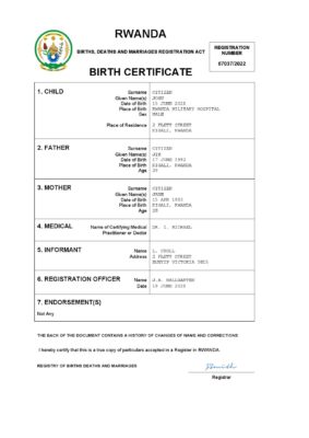 Rwanda birth certificate Word and PDF template, completely editable