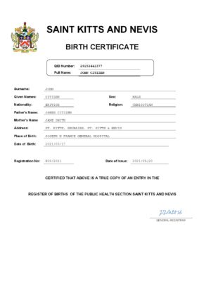 Saint Kitts and Nevis vital record birth certificate Word and PDF template, completely editable