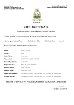 Saint Vincent & Grenadines vital record birth certificate Word and PDF template, completely editable