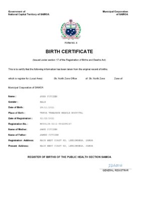 Samoa vital record birth certificate Word and PDF template, completely editable