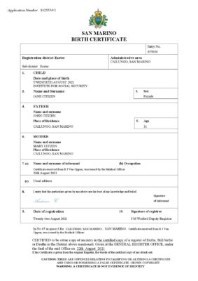 San Marino birth certificate Word and PDF template, completely editable