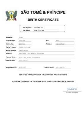 Authentic Sao Tome & Principe vital record Birth Certificate Template | Customize and Download Online