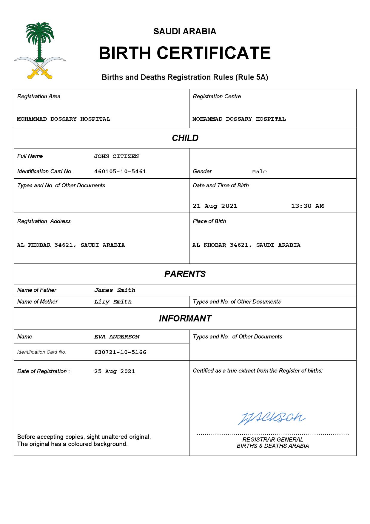 Authentic Saudi Birth Certificate Template | Customize and Download Online