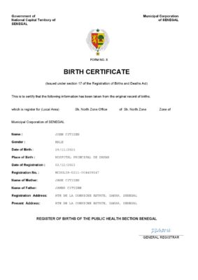 Senegal vital record birth certificate Word and PDF template, completely editable