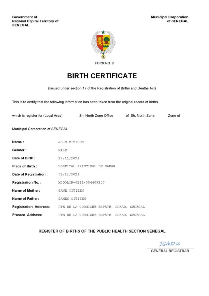 Senegal vital record birth certificate Word and PDF template, completely editable