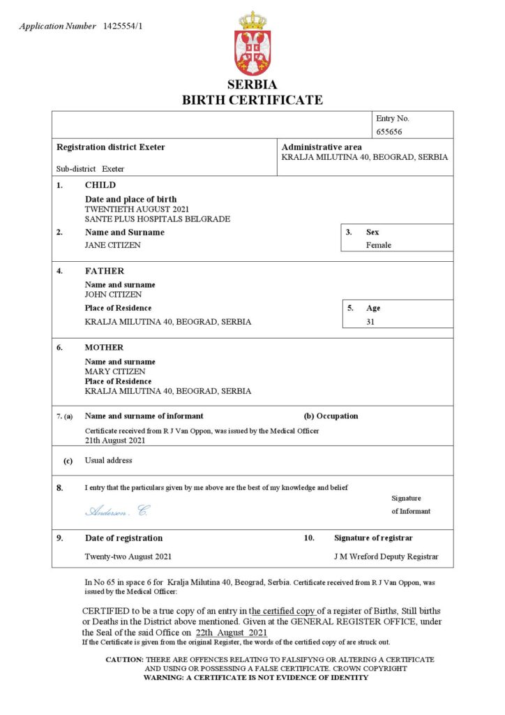 Serbia birth certificate Word and PDF template, completely editable