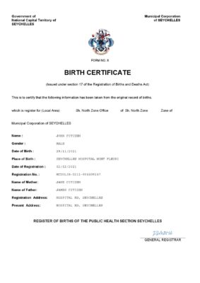 Seychelles vital record birth certificate Word and PDF template, completely editable