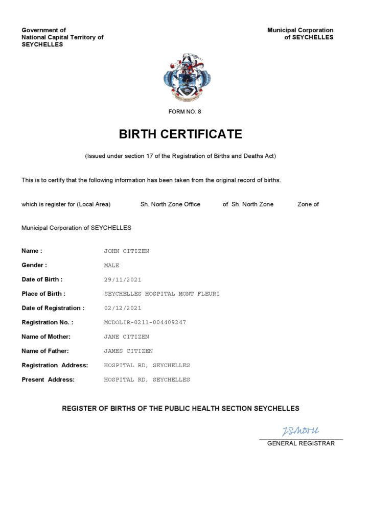 Seychelles vital record birth certificate Word and PDF template, completely editable