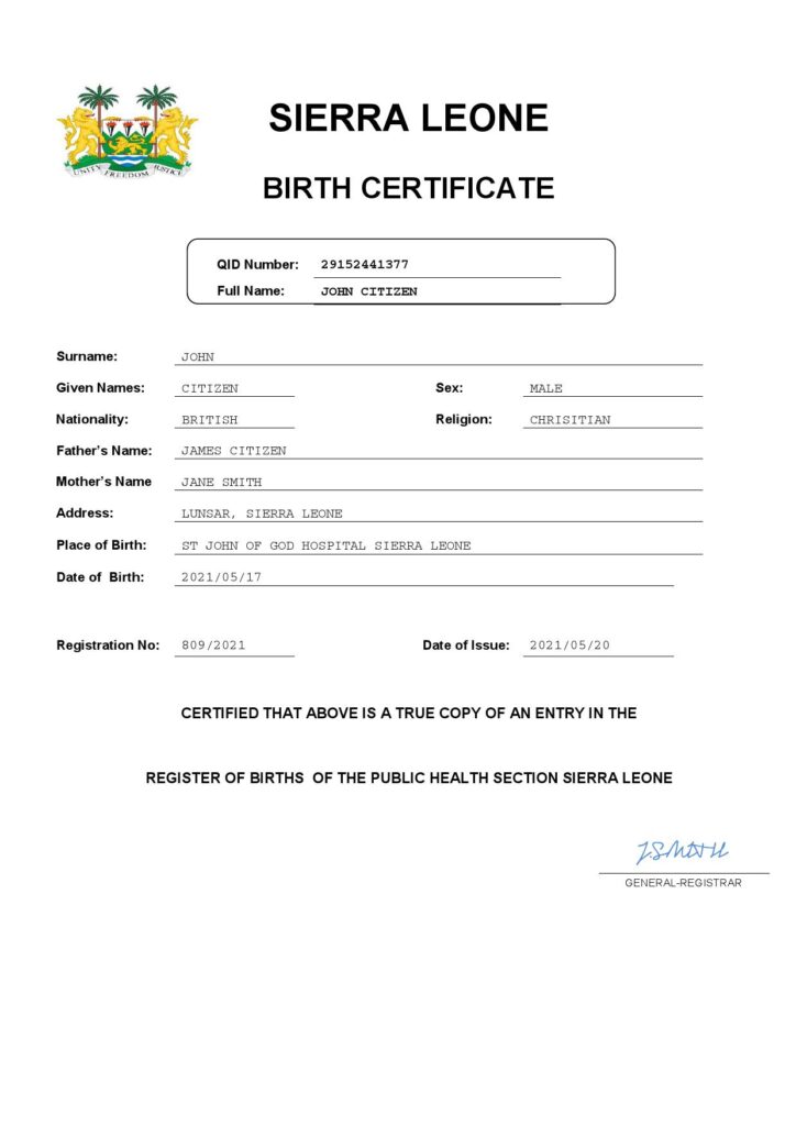 Sierra Leone birth certificate Word and PDF template, completely editable
