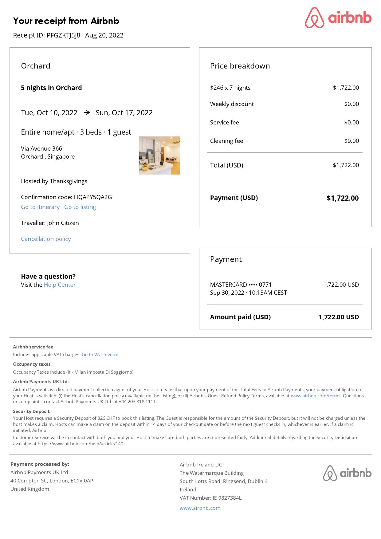 Customizable Singapore Airbnb Reservation Template | Word & PDF Formats