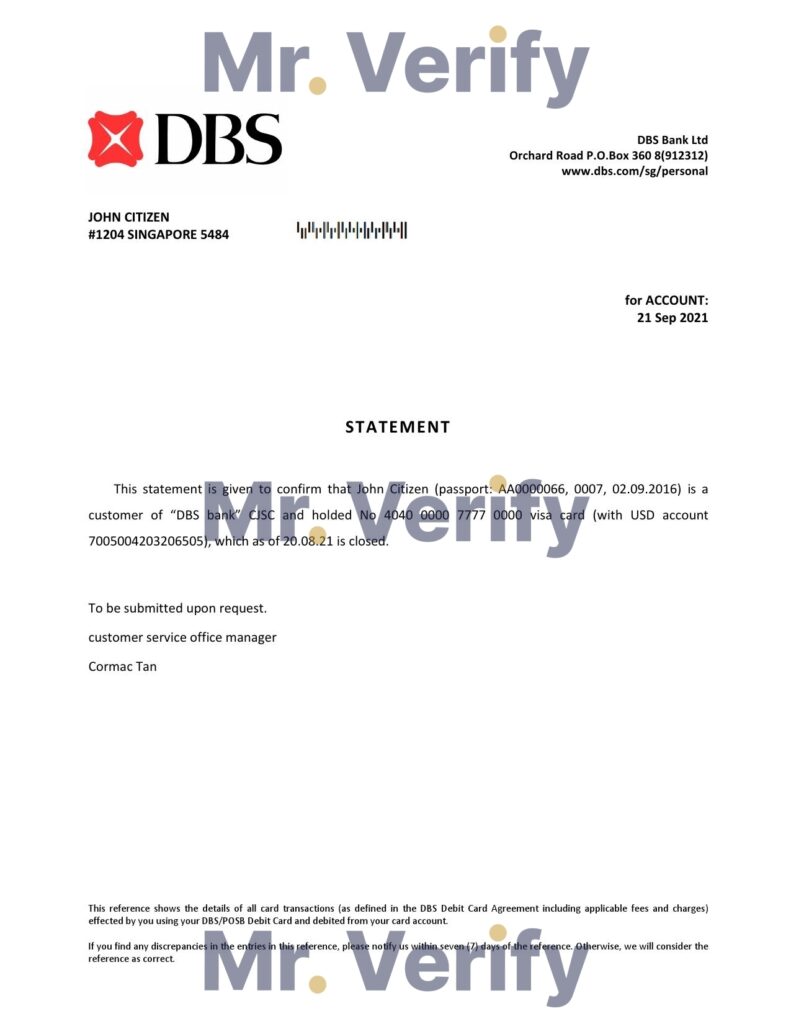 Download Singapore DBS Bank Reference Letter Templates Editable Word