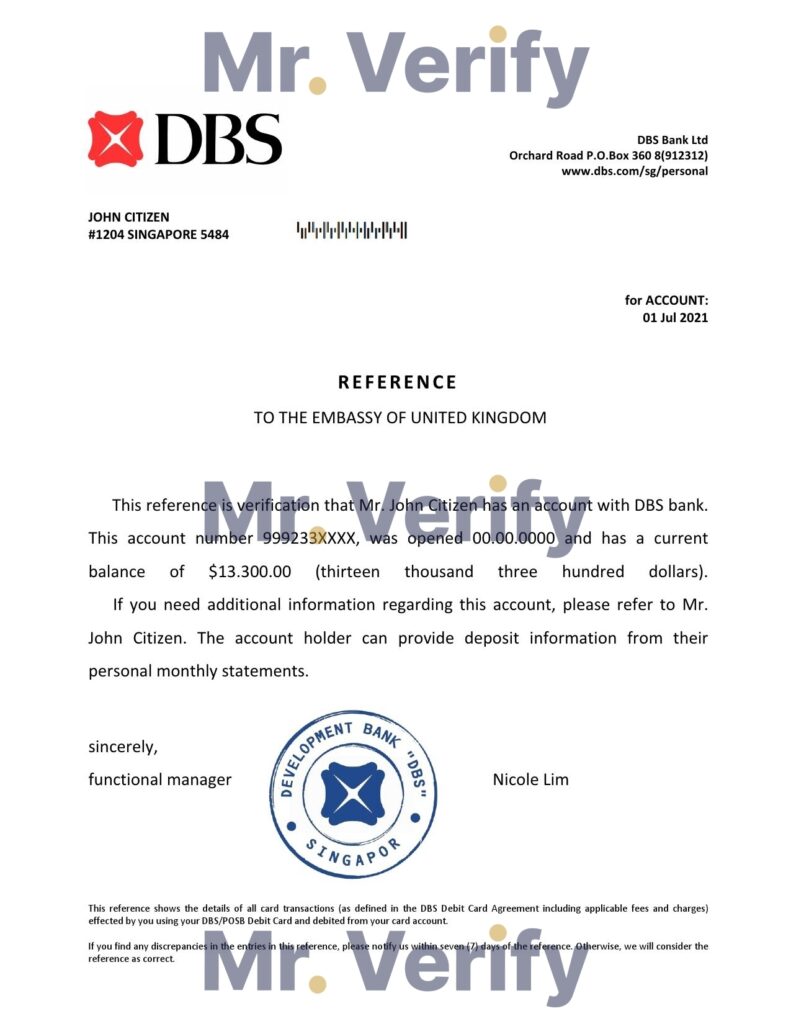 Download Singapore DBS Bank Reference Letter Templates | Editable Word