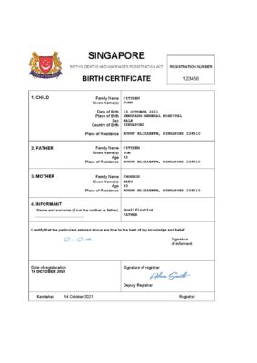 Singapore vital record birth certificate Word and PDF template, completely editable
