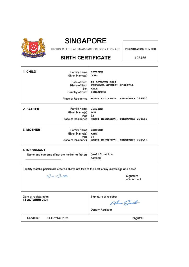 Singapore vital record birth certificate Word and PDF template, completely editable