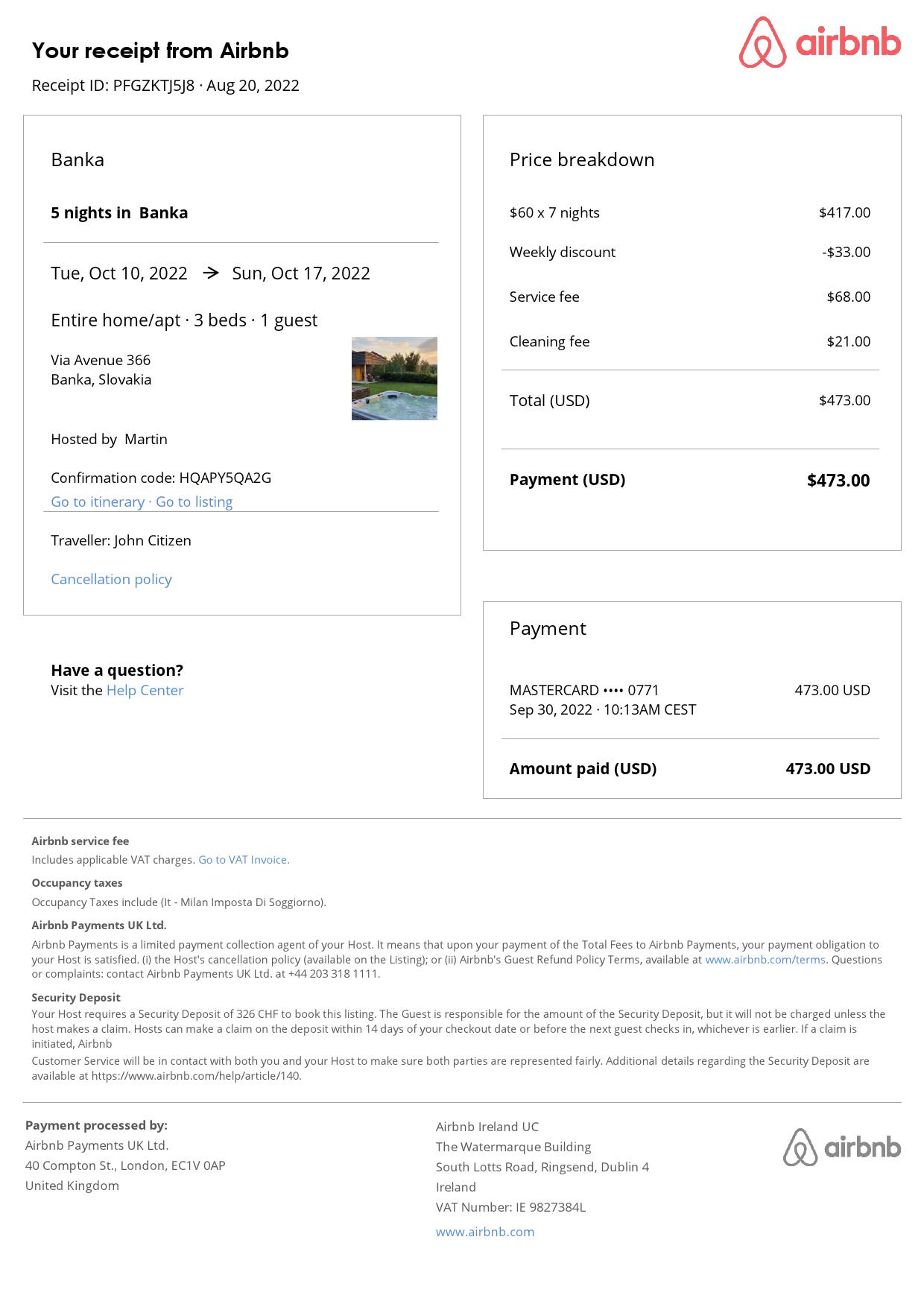 Customizable Slovakia Airbnb Reservation Template | Word & PDF Formats