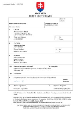 Slovakia birth certificate Word and PDF template, completely editable