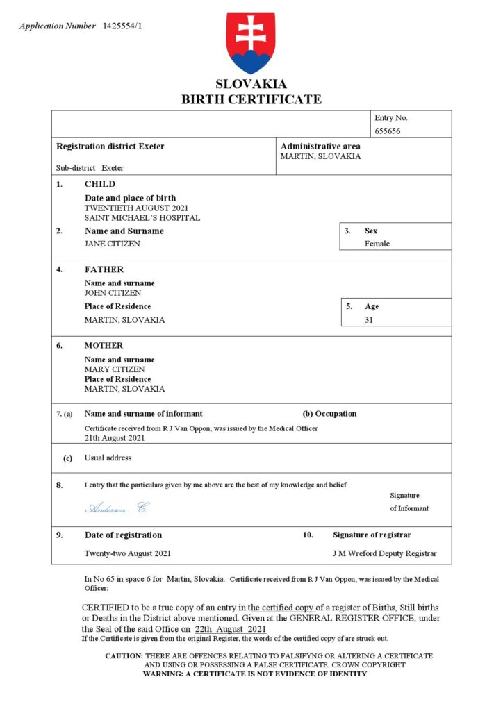 Slovakia birth certificate Word and PDF template, completely editable